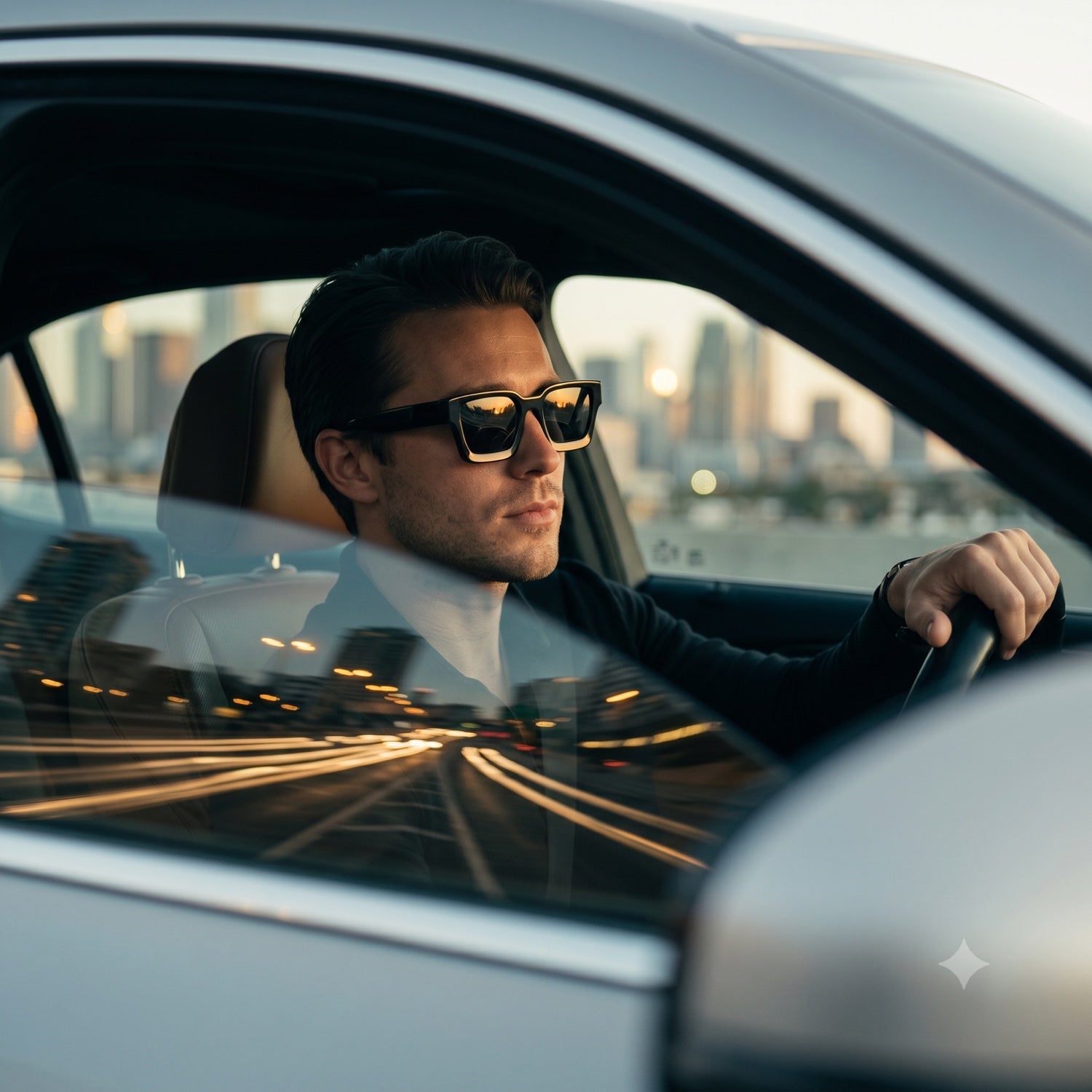 Driving at golden hour wearing The Meadow — glare handled by polarized lenses