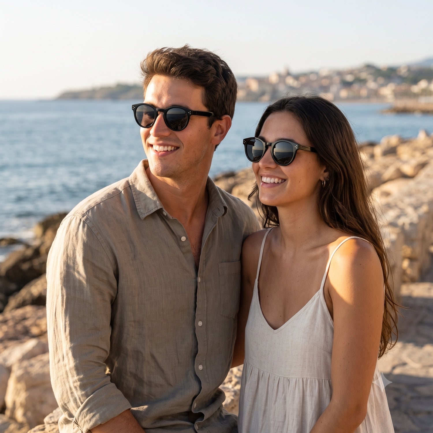 Two friends by the sea wearing The Grove round sunglasses