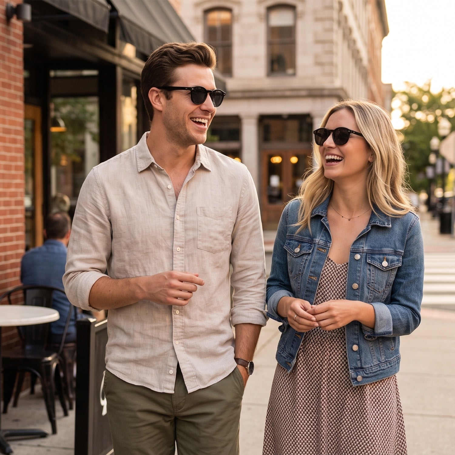 Couple in the city wearing The Grove