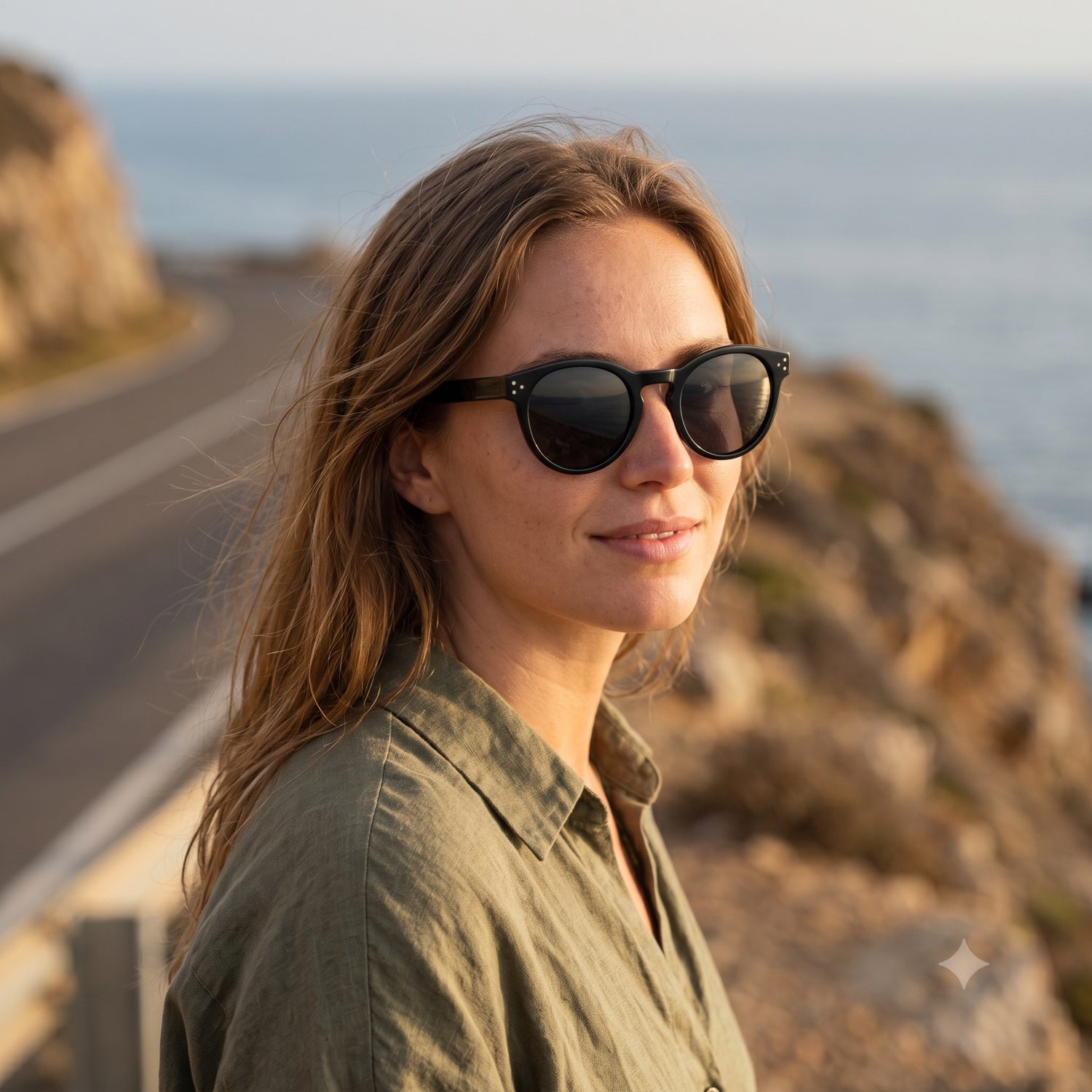 Woman on a coastal road wearing The Grove