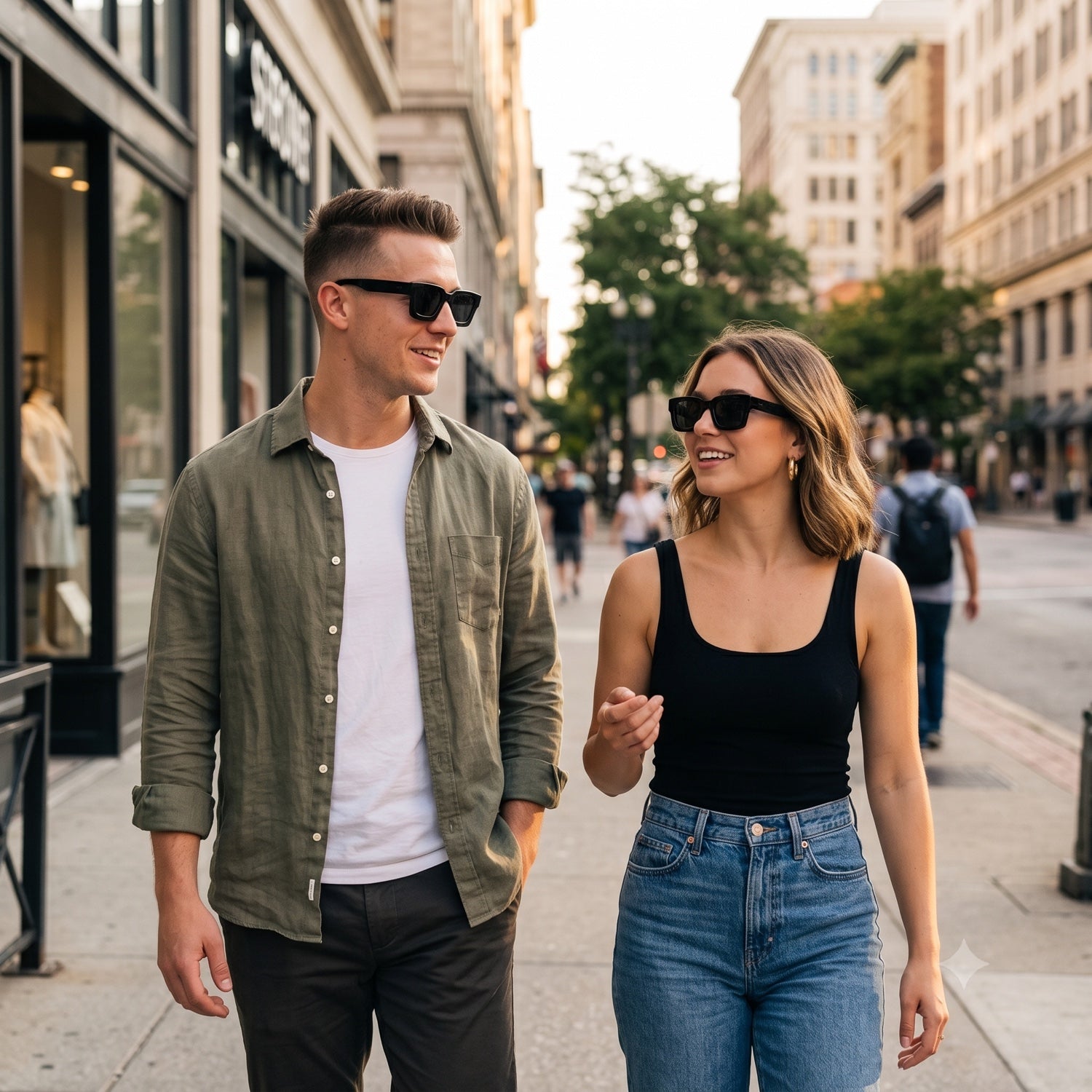 Couple in the city wearing The Meadow square sunglasses