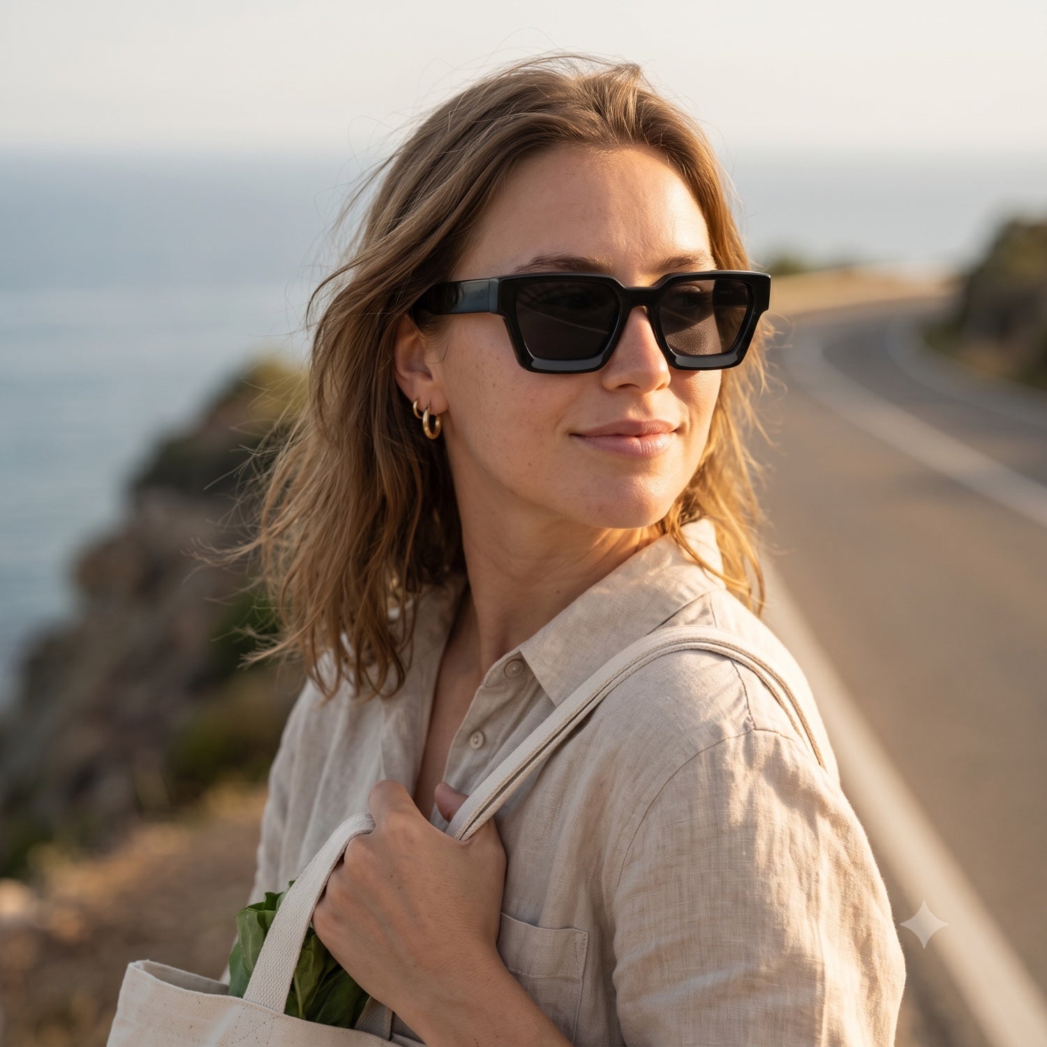 Woman on a coastal road wearing The Meadow